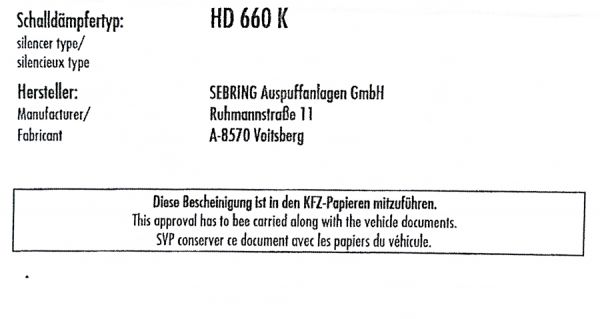 ABE / EG Genehmigung für Auspuffanlagen Baujahr vor 2000 / HD 660K
