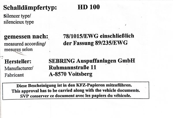 ABE / EG Genehmigung für Auspuffanlagen Baujahr vor 2000 / HD 100